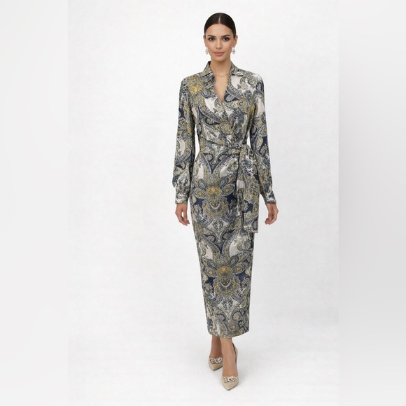 Magaschoni Dresses & Skirts - Magaschoni Sophisticated Paisley Belted Wrap Dress – Navy Gold Long Sleeve Midi